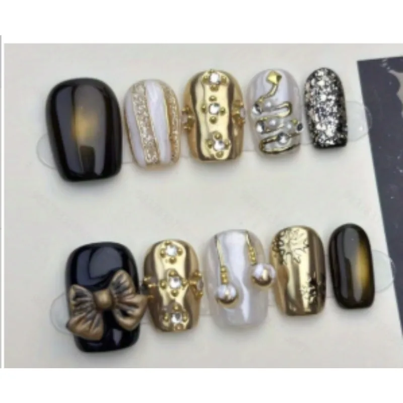 

10Pcs Handmade Nails Autumn/Winter Black & Gold Bow & Pearl Fine Glitter Short Press-On Nails Perfect Gift for Women and Friends
