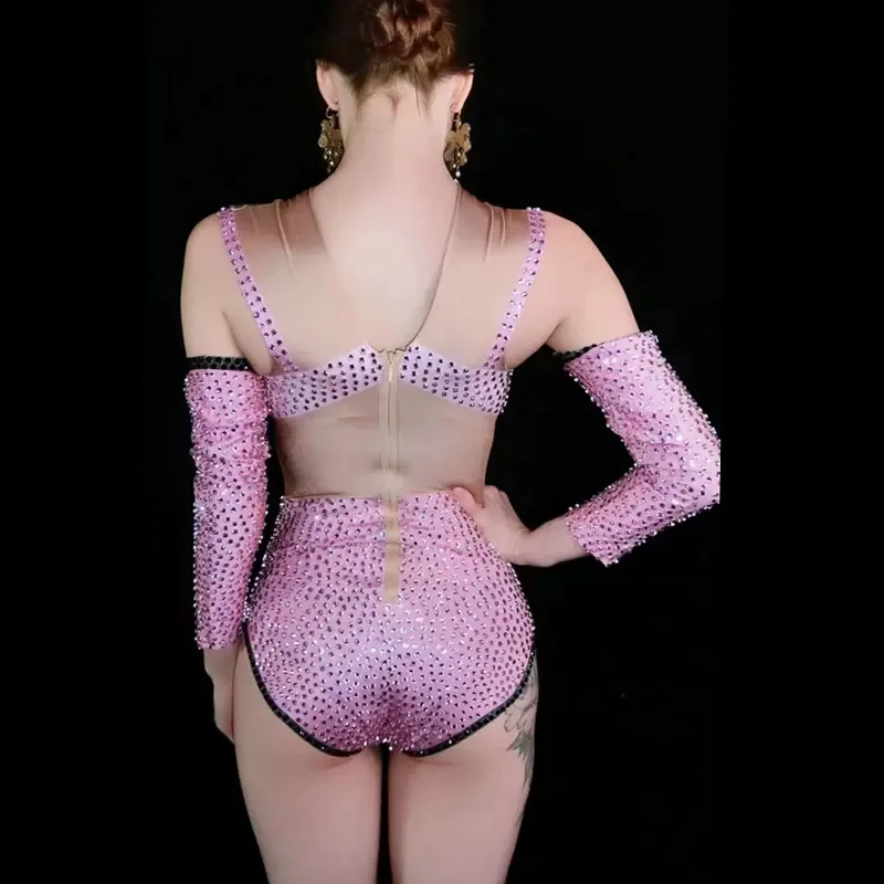 Body ajustado sin mangas para mujer, traje Sexy rosa con diamantes de imitación para DJ, cantante, actuación de baile, ropa de escenario, traje Rave para fiesta de cumpleaños