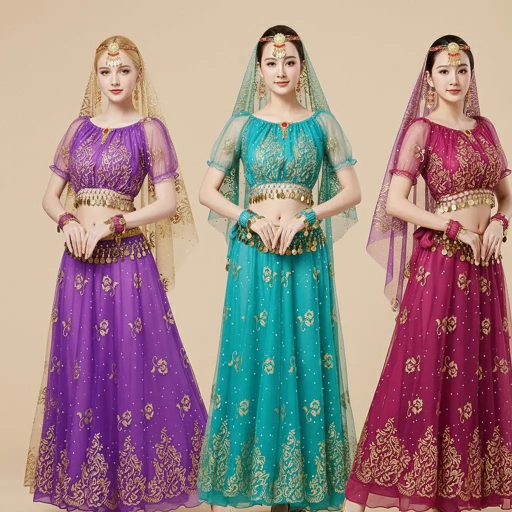 

Arabian Princess Costume - Chiffon Belly Dance Suit with Veil - Bollywood Fancy Dress for Cosplay Party and Stage Show