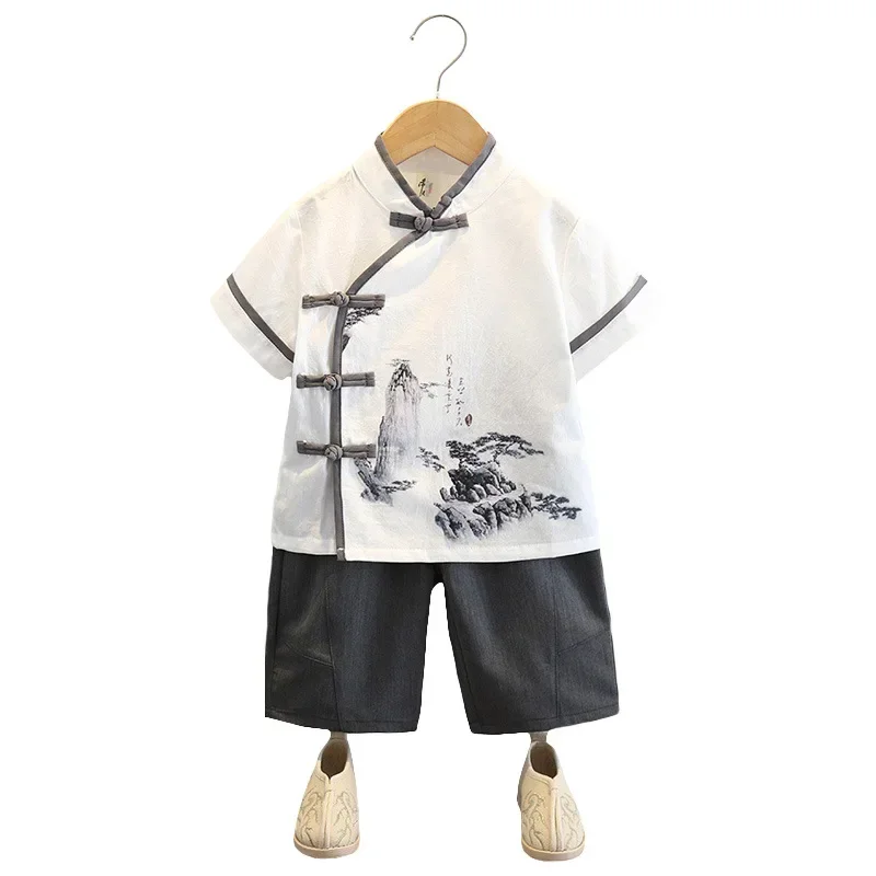 Terno Tang estilo chinês hanfu para crianças, estampado com camisa branca e calças para meninos, conjunto de fantasia antiga infantil, verão