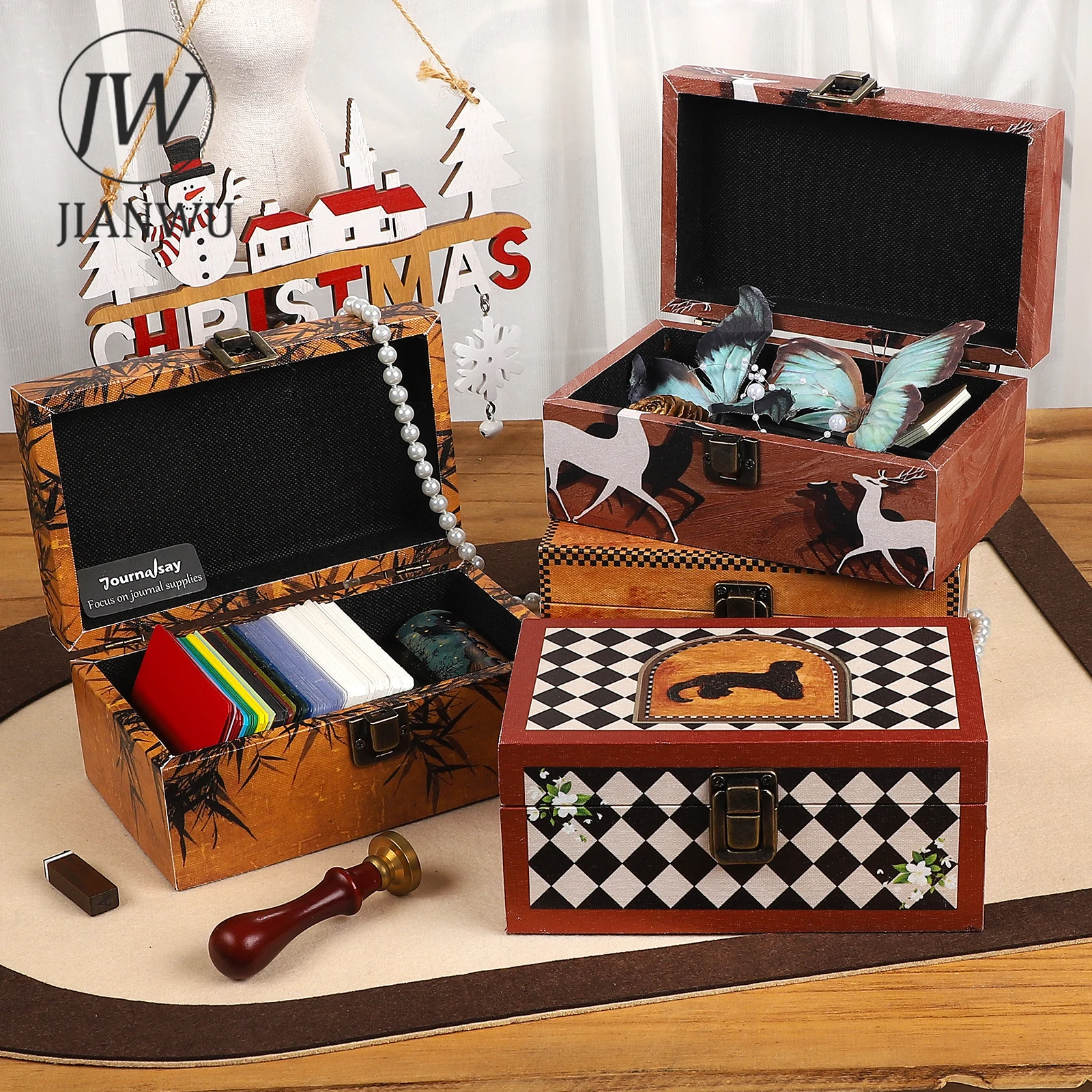 JIANWU Vintage Gird Elk Bamboo Leopard Pattern Landscape Material Collage Wooden Storage Box Creative DIY Journal Stationery
