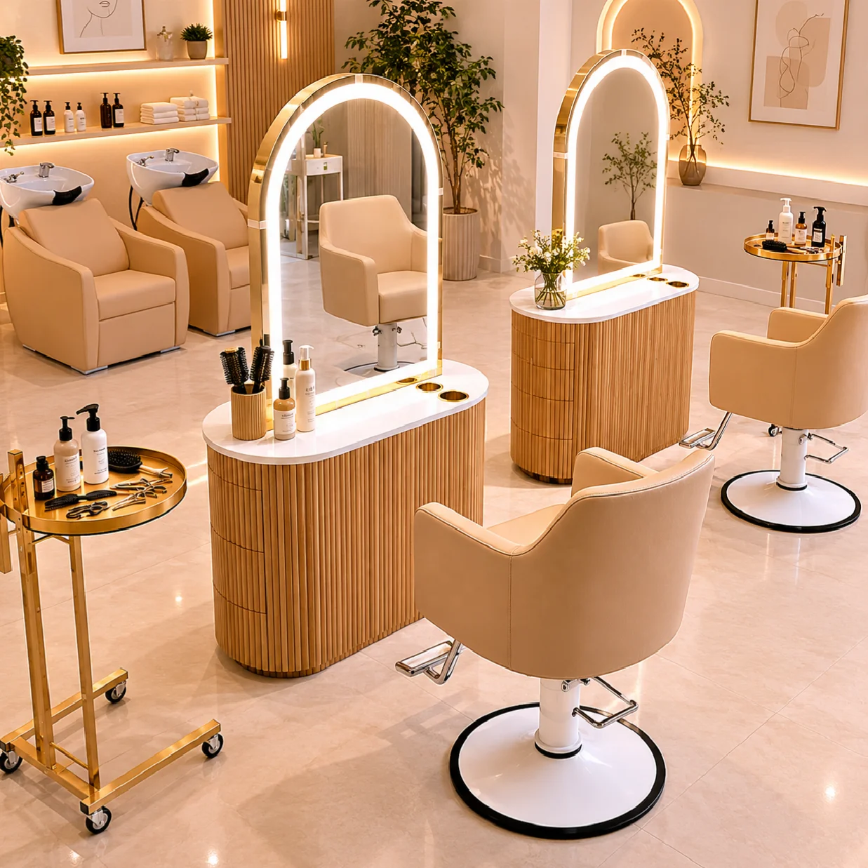 Arched LED Salon Mirror Station Solid Wood Mirror Station With Golden Frame  Double Sided Hair Styling Mirror with Storage