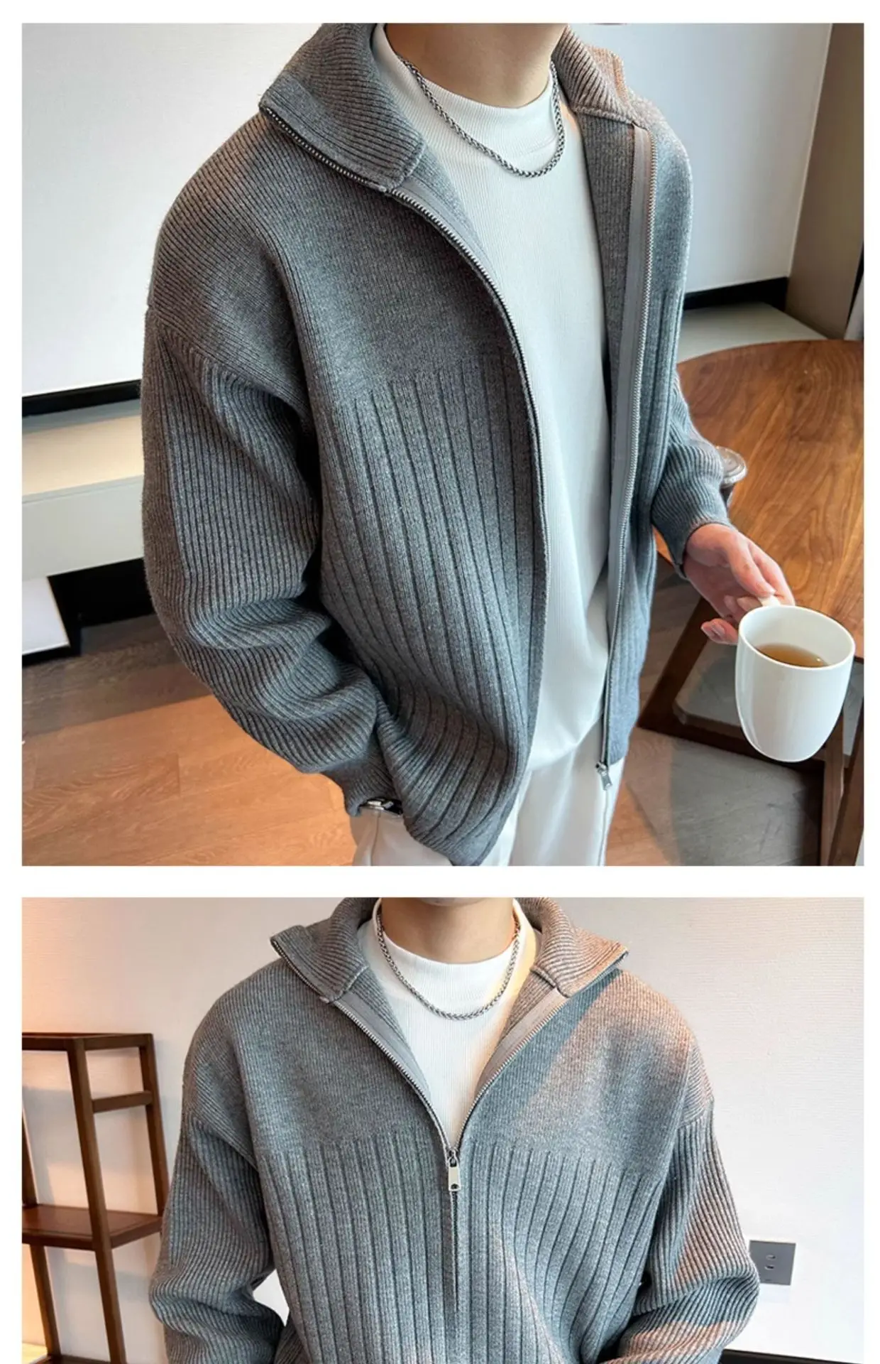 Herren Herbst Winter Gestreifter Cardigan Pullover Jungen Studenten Warme Jacke Herren Casual Pendlerjacke Weiche Bequeme Strickware – Detail 11
