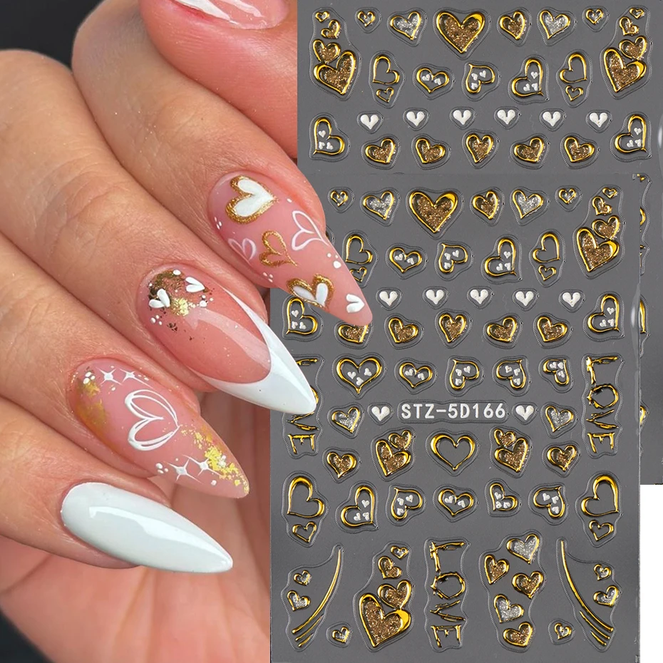 Golden Heart Nail Stickers - Valentine's Day Self-Adhesive Golden Glitter Love Decals for DIY Valentine Manicure Supplie