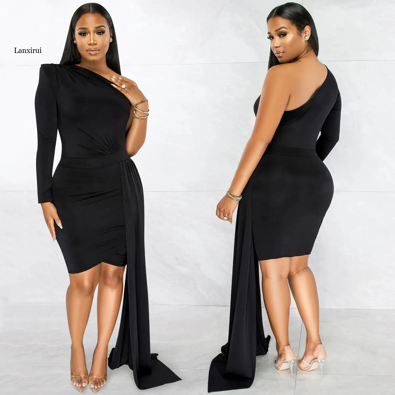 

2022 Women Sexy Club Party Style Long Dress Long Sleeve One Shoulder Dress Pure Color Lady Floor Length Dress