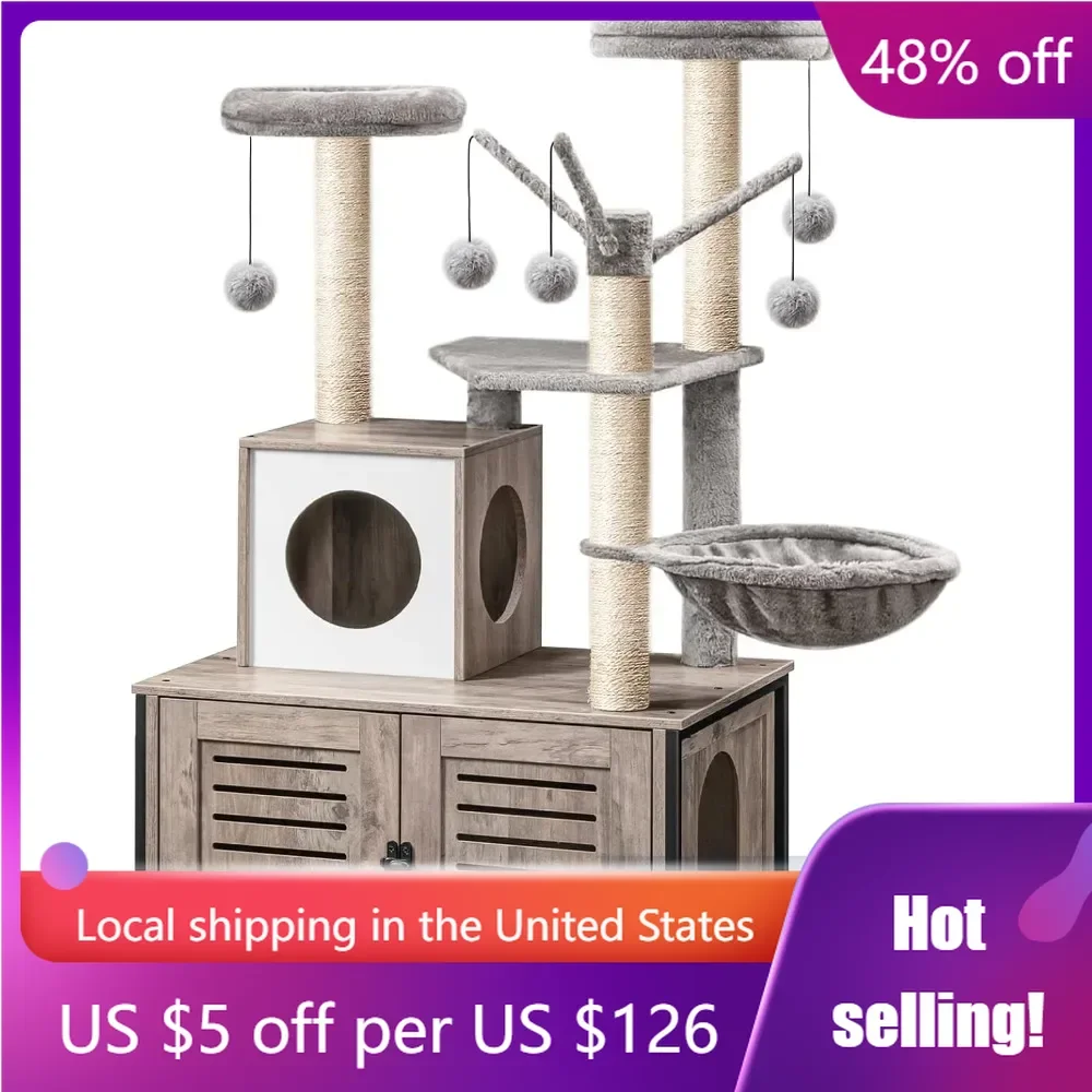 

Cat Tree with Litter Box Enclosure & Scratching Posts for Indoor Cats, All-in-One Wooden Cat House Furniture, Greige