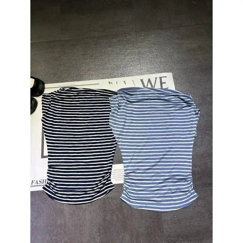 

2025 Early Spring New Collection: Off-the-Shoulder/One-Shoulder Short-Sleeve Top with Color-Block Stripes, Soft Fabric, Age-Defy