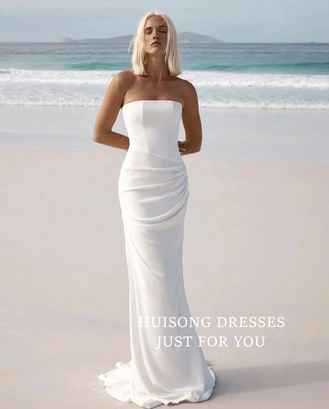 

HUISONG Customized Satin Mermaid Wedding Dresses Strapless Sleeveless Beach Bridal Gown vestidos de novia