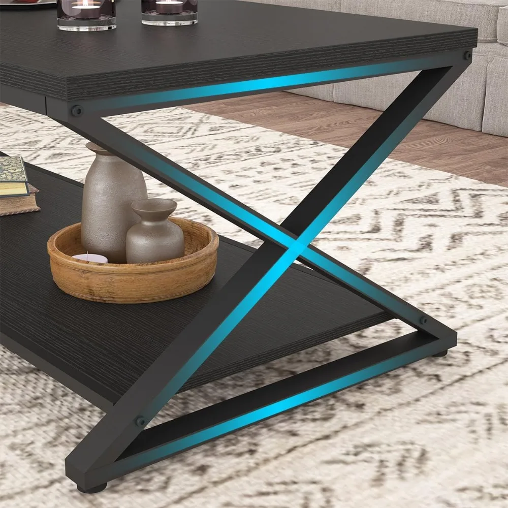 Modern 47-Inch Rectangle Cocktail Table with Storage Shelf and Minimalist Industrial Design