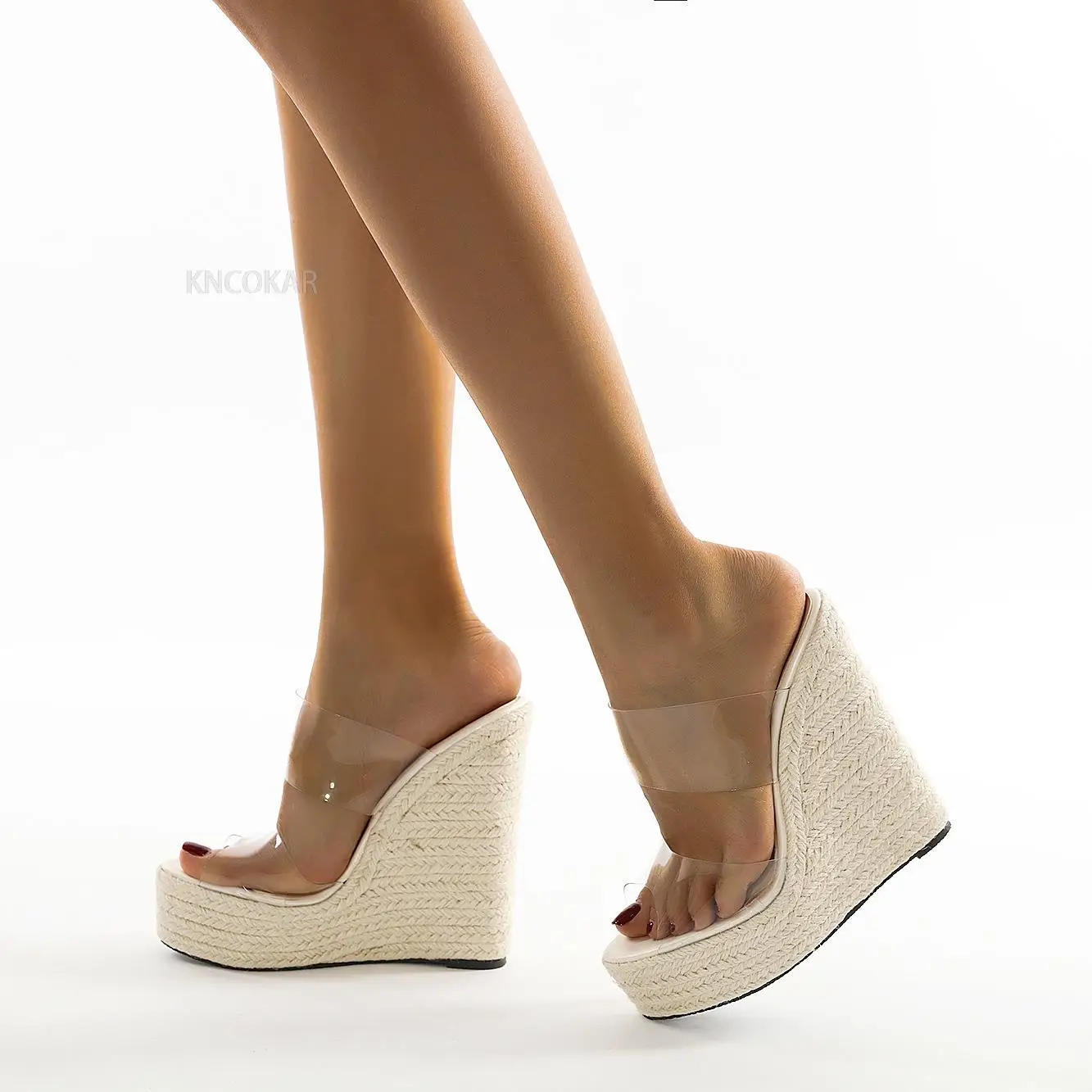 Summer PVC Transparent Peep Toe Cane Straw Weave Slippers Platform Wedges Sandals Women Fashion High Heels Female Shoes