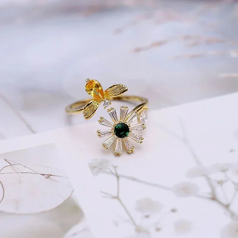 2026 Cute Flower and Honey Bee Opening Rings for Women Silver Color/Gold Color Colored Cubic Zirconia Fashionable Girl Jewelry - view 5