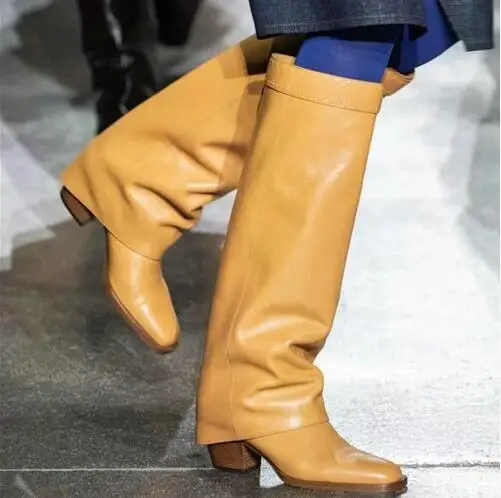 

Autumn Women Yellow Army Green Blue Solid Leather Square Toe Turn Over 5 CM Block Heel Knee High Boots Lady Long Pants Boots