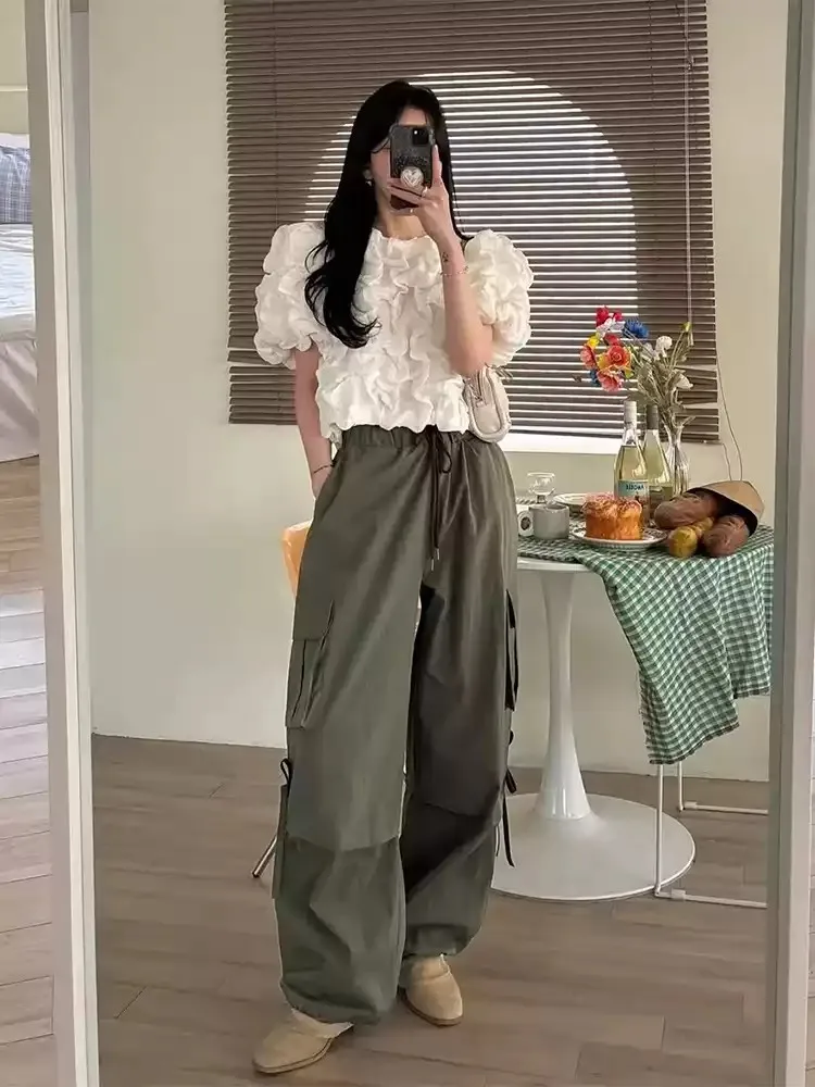 

Sweet Pleated Bubble Sve irt Women's ort Sle Summer New Design Anti-Aging Folded Hemline Casual Chic Top