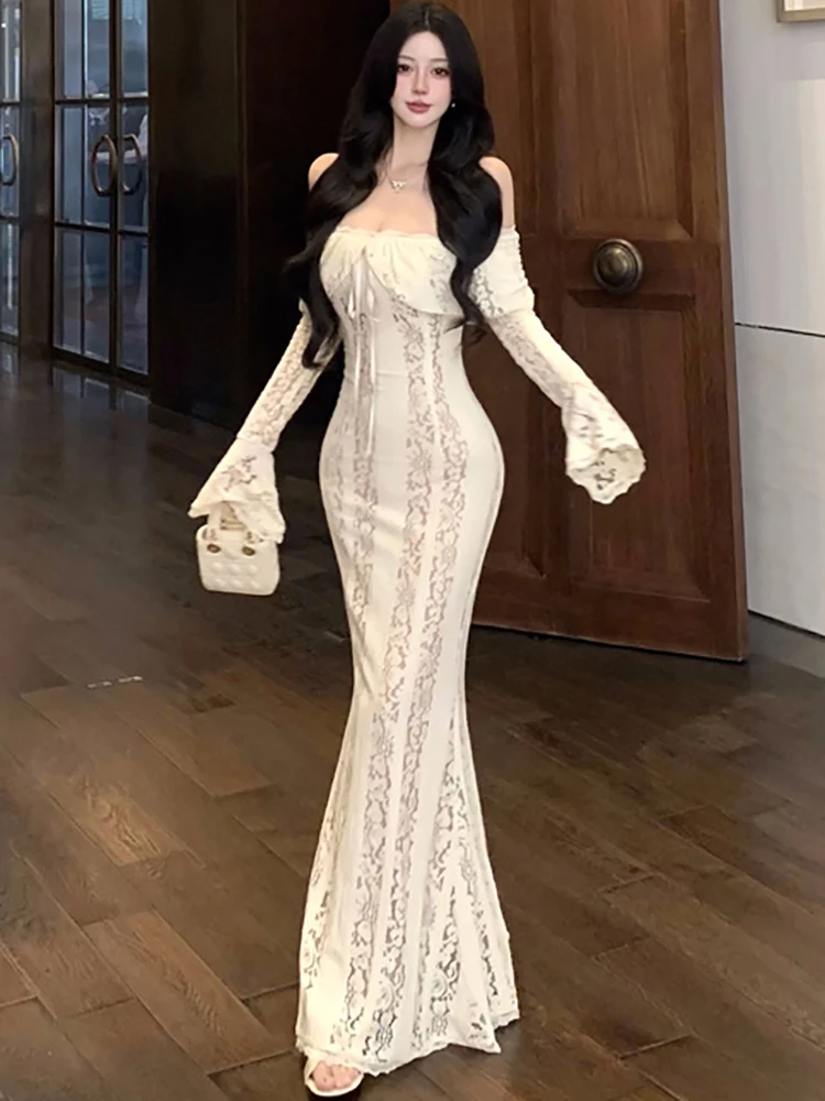 Women Korean Fashion Luxury International Dress Autumn Winter White Lace Hook Flower Hollow Dress 2024 Elegant Bodycon Prom Robe