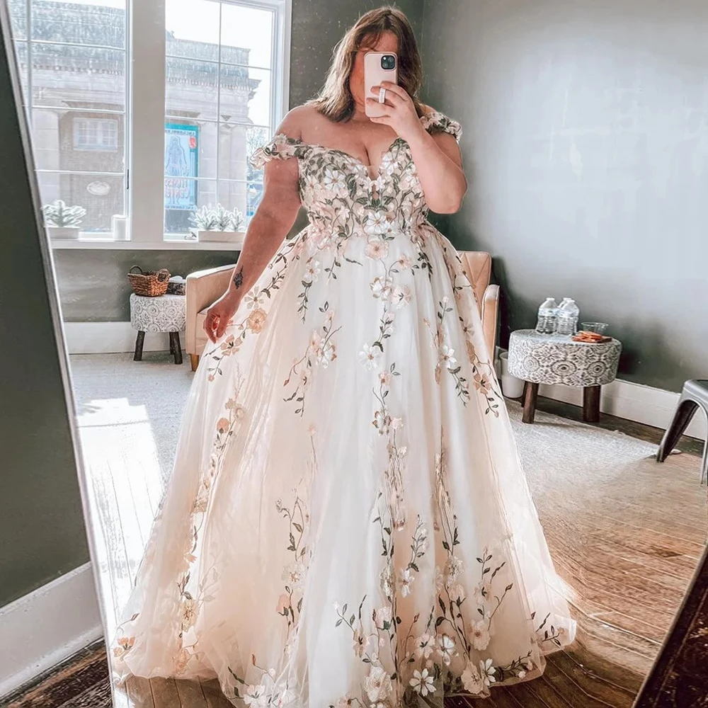 Neues Brautkleid in Übergröße mit Blumenmuster, maßgeschneidert, mit Flügelärmeln, V-Ausschnitt, Hofschleppe, A-Linie für große Frauen
