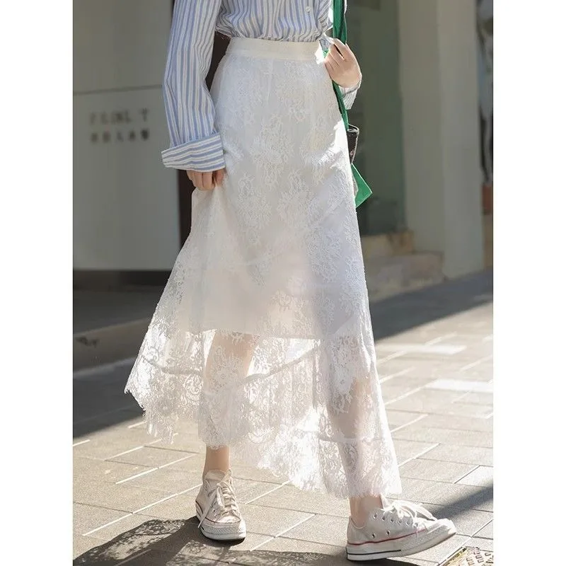 Długa spódnica damska plus size z białej koronki, elegancka, z wysokim stanem, wyszczuplająca, w kształcie litery A, drapowana, nowość 2025.