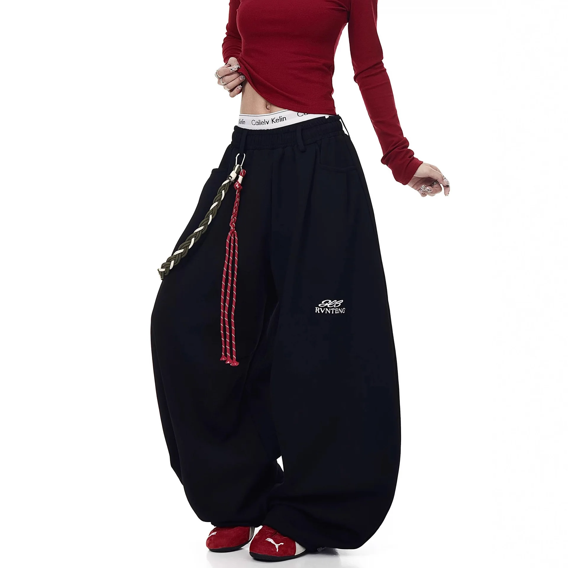 

Asian Y2K Women Black Grey Wide Leg Pants Loose Casual High Waisted Sweatpants with Waist Rope Street Jazz Hiphop Lazy Trousers