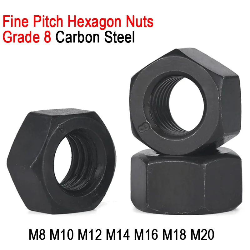 1~10pcs High Tensile Fine Thread Hexagon Nuts Grade 8 Carbon Steel M8 M10 M12 M14 M16 M18 M20 Metric Fine Pitch Thread Hex Nuts