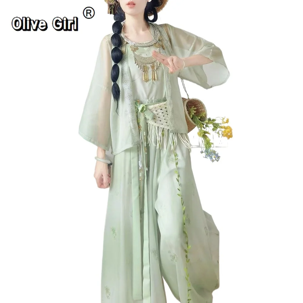 Olivegirl Hanfu Daily Fairy Style Versatile Short Shirt Flower Bud Pants Song Dynasty Set Spring Summer 2026 Women's Outfits