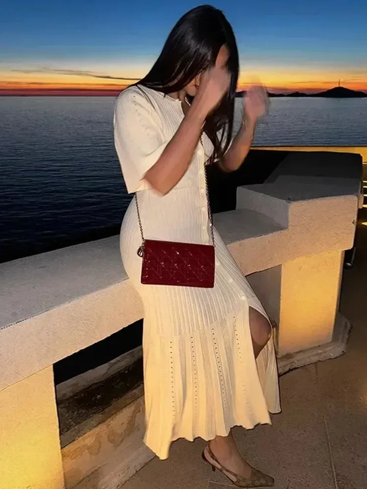 Cárdigan de cuello redondo de una sola botonadura para mujer, vestido Delgado sexy, Vestido largo de cola de pez de punto, ropa elegante para mujer, nuevo