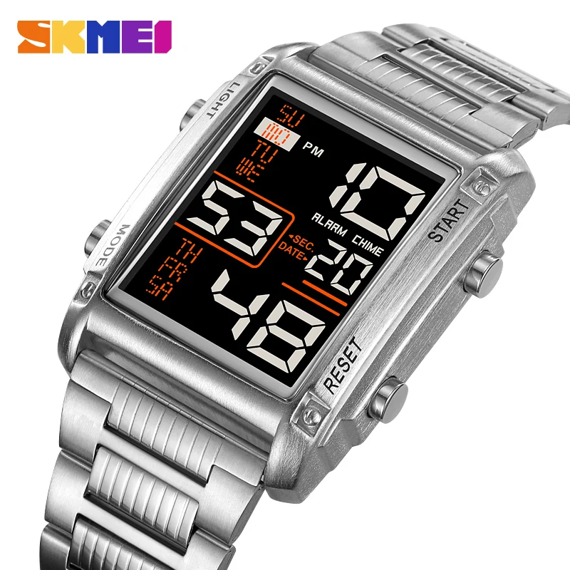 SKMEI Casual Back Light Display 2 Time Countdown Digital Wristwatch Men Full Steel Sport Watches Stopwatch Montre homme