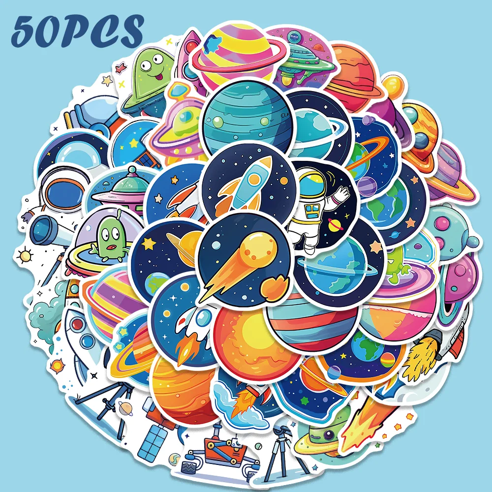 

50pcs Cartoon Outer Space Planet Stickers Graffiti Creative Decoration Decals Waterproof DIY Laptop Guitar Phone Kids Toy Gift