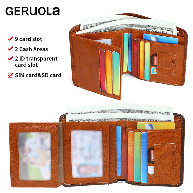 Compact Wallet, Made from Top-Grain Brown Leather with a Gradient Finish, Featuring Built-In RFID Protection Against Card Skimmi
