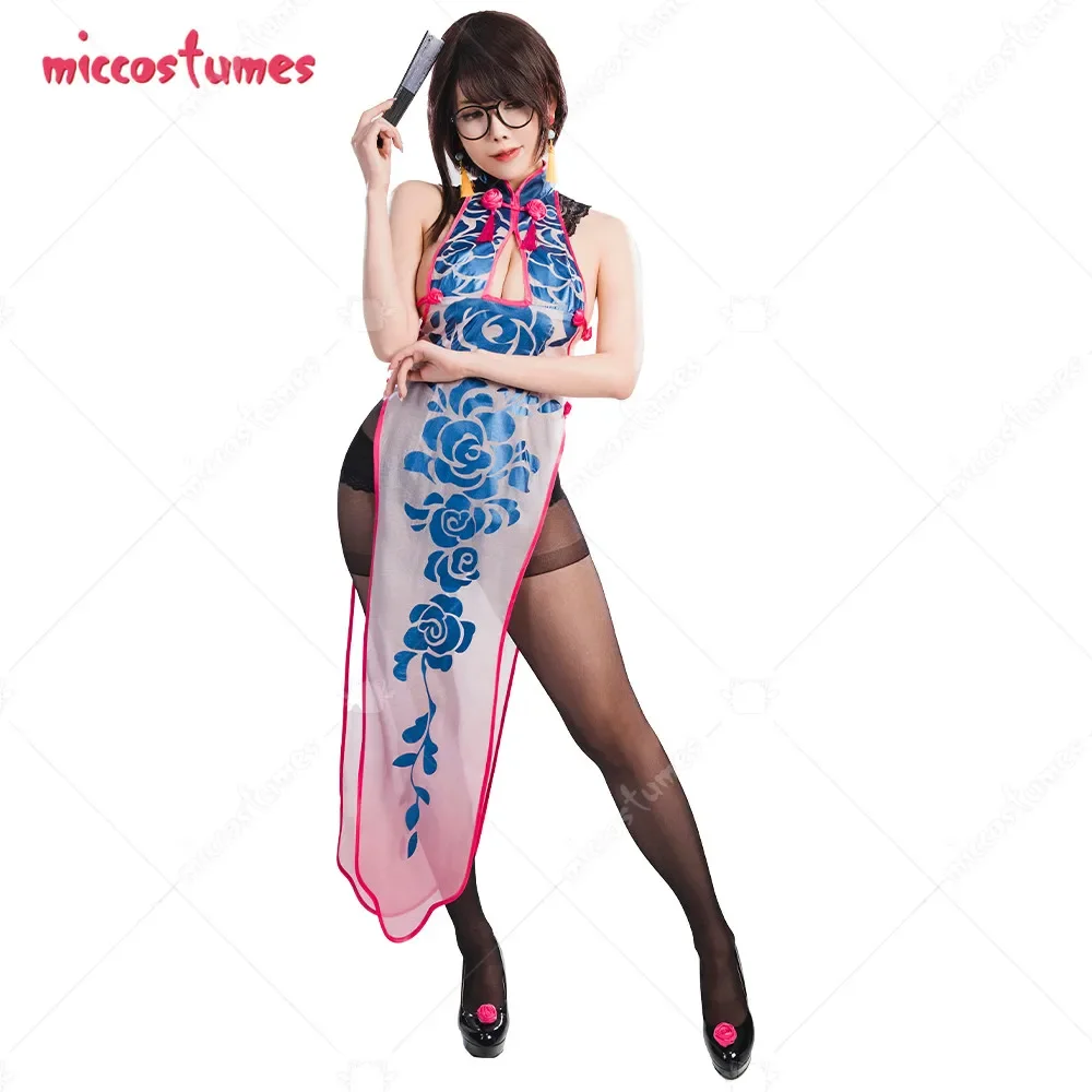 Women's Cosplay Costume Women's Blue Rose Cheongsam Dress with Pantyhose and Earrings