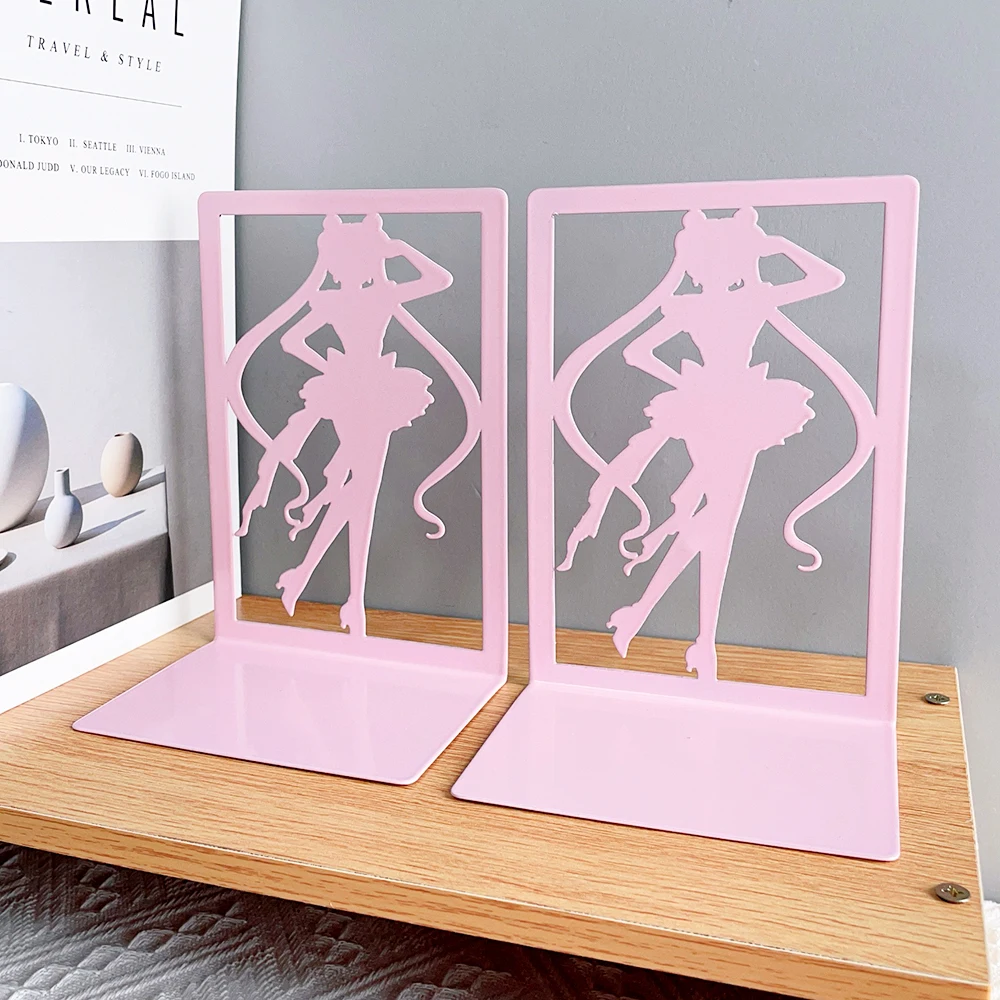 2Pcs Pink Girls Bookends Anime Fans Collectible Heavy Duty Bookcase Non-slip Iron Bookcase Desktop Desktop Organising Bookcase