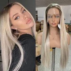 Ombre Blonde Wigs Synthetic Lace Front Wigs For Women Heat Resistant Ombre Brown Lace Hair Long Straight Wig Cosplay Free Part