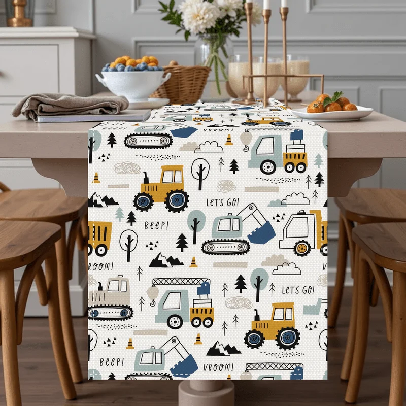 2D Flat Cartoon Construction Site Truck Tractor Building Tools Table Runner Yellow Blue Gray Pattern for Dining Living Room Kids
