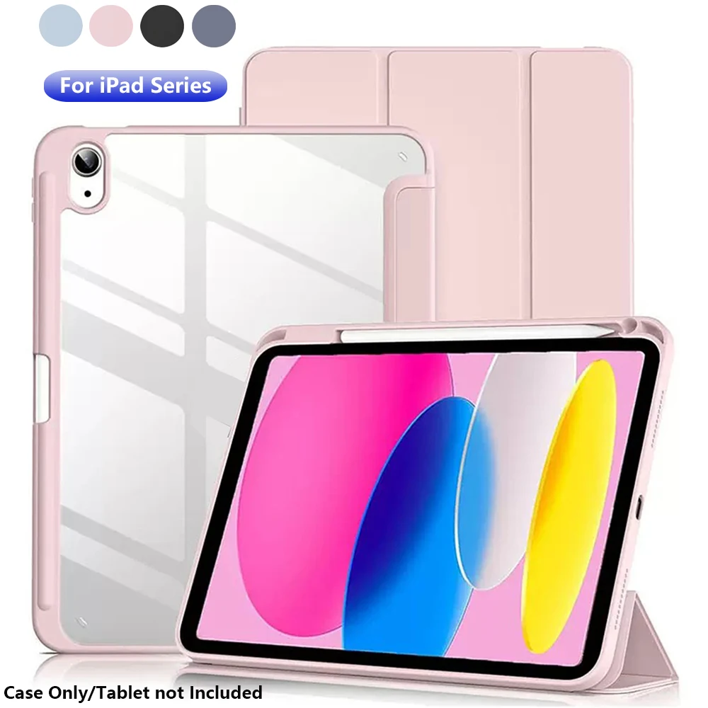 Funda trasera de acrílico duro de color sólido para iPad 10/9/8/7/6 Gen iPad Air 6/5/4/3 Mini 7/6 con función de activación/desactivación automática y soporte para lápiz
