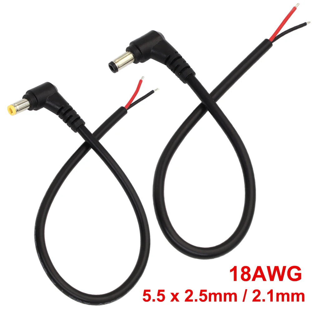 18AWG DC Power Plug 5.5 X 2.1mm / 2.5mm Male 90 Degree Right Angle Connector DIY  Cable Adapter Power Extension Cord 29CM