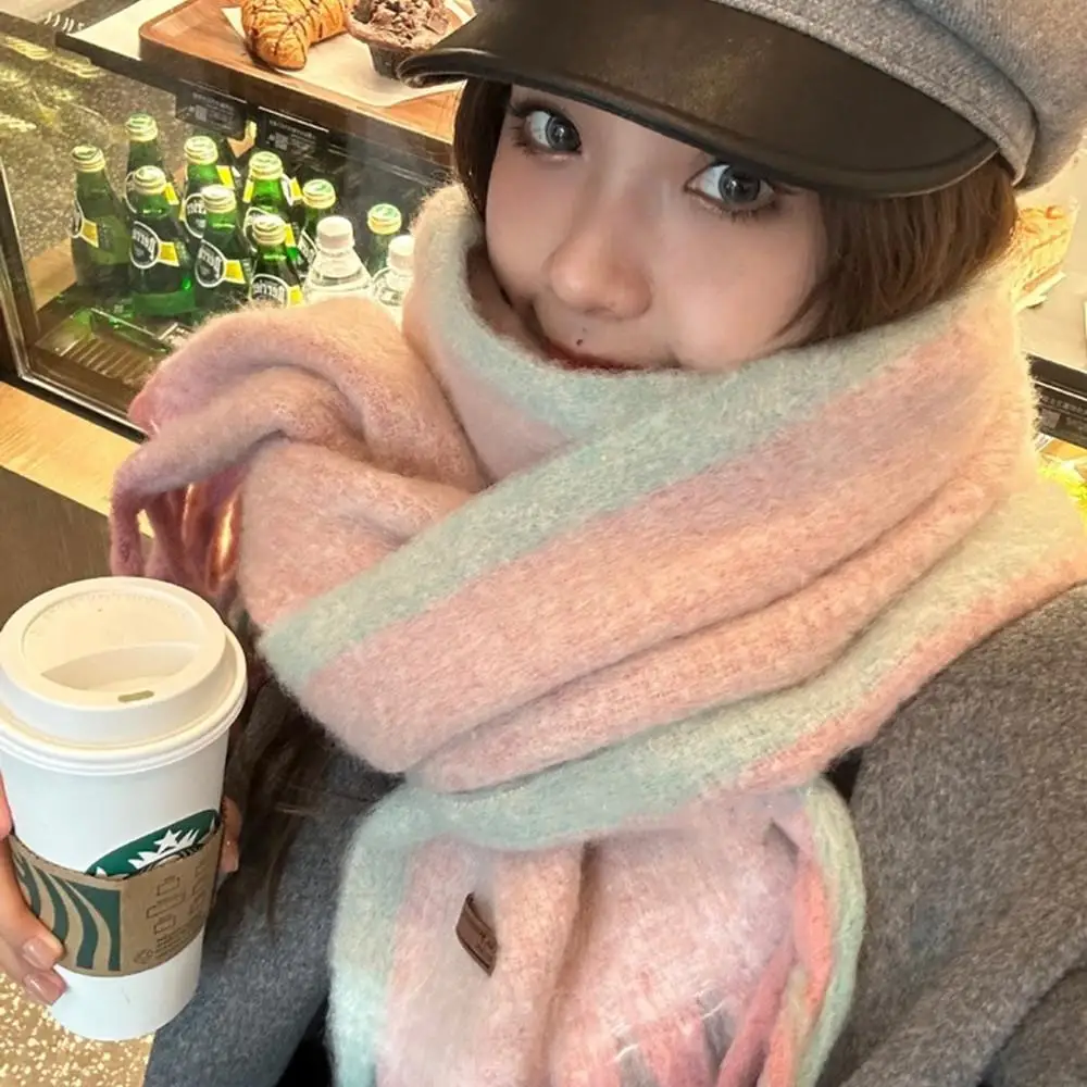 여성용 따뜻한 캐시미어 담요 랩 스트라이프, 부드러운 모헤어 태슬, 긴 스카프, 양모 스카프, 숄, 네커치프, 겨울 패션