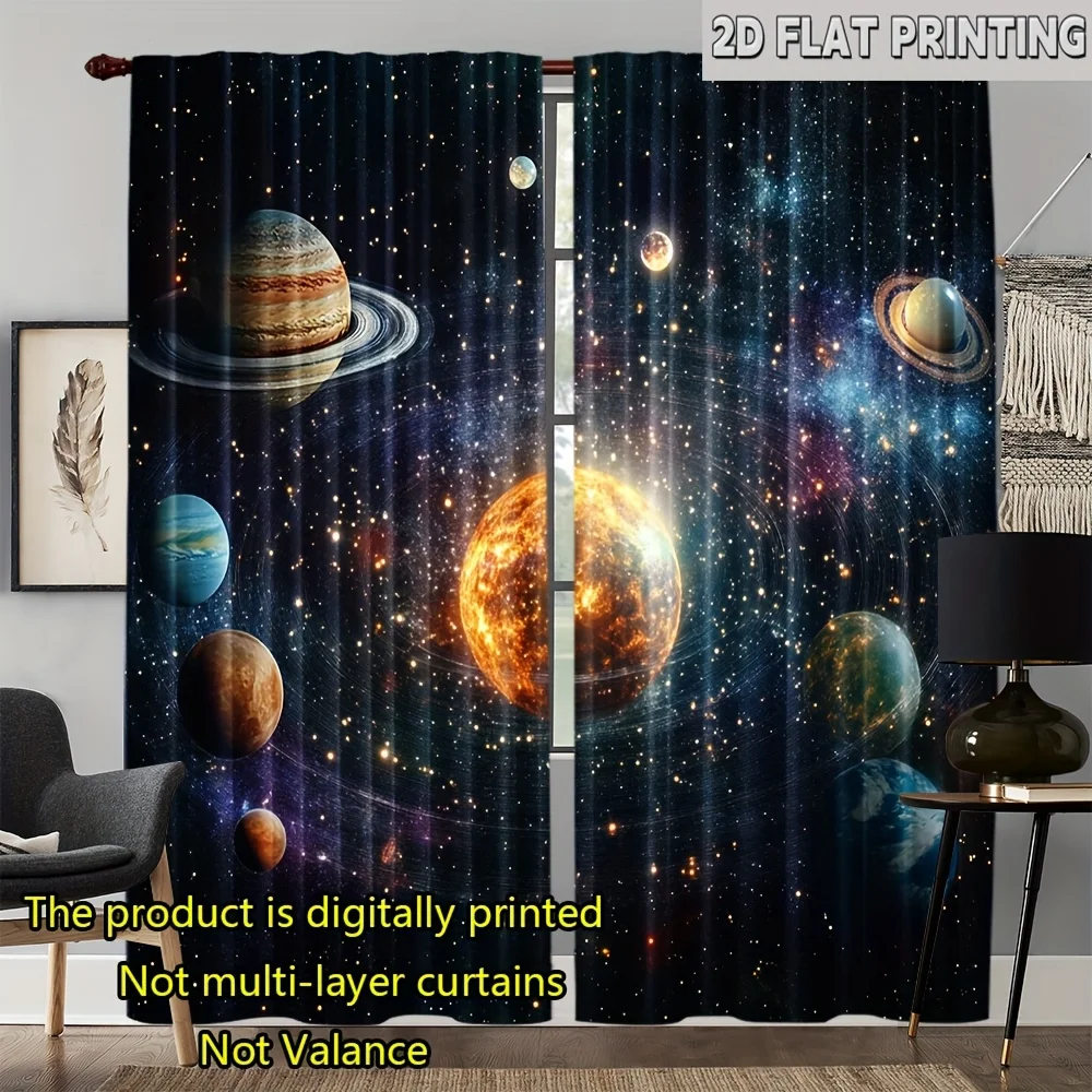 Starry Space Planet Window Curtain 2 Panels, Vibrant Solar Planets Glitter Nebula Print Soft Dark Star Tone Living Decor Curtain