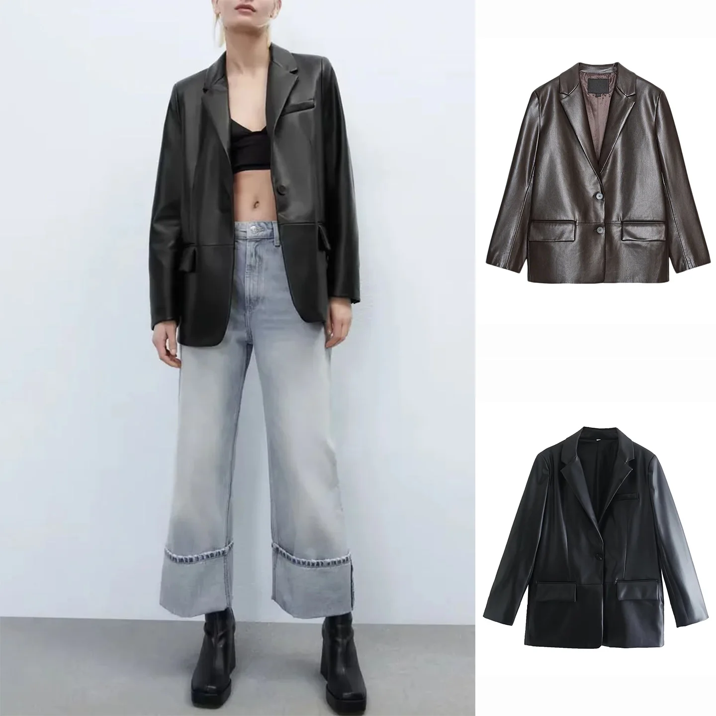 

Американский Sle Long Sve Костюм из искусственной кожи Jaet Женские брюки с прямыми штанинами Верхняя одежда Повседневная осень 2025 Faion