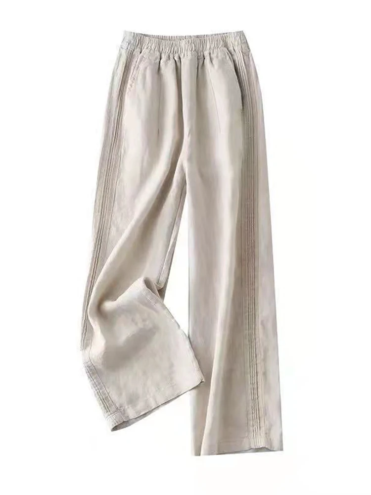 ZOKI Summer Linen Pants Elastic High Waist Korean Style Solid Color Casual Pocket Straight Trousers White Thin Female Pants