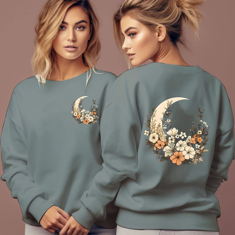 Flower and Moon Vintage Sweatshirts Women Wildflower Plant Style Tracksuit Long Sleeve Streetwear Female O-Neck Floral Hoodies