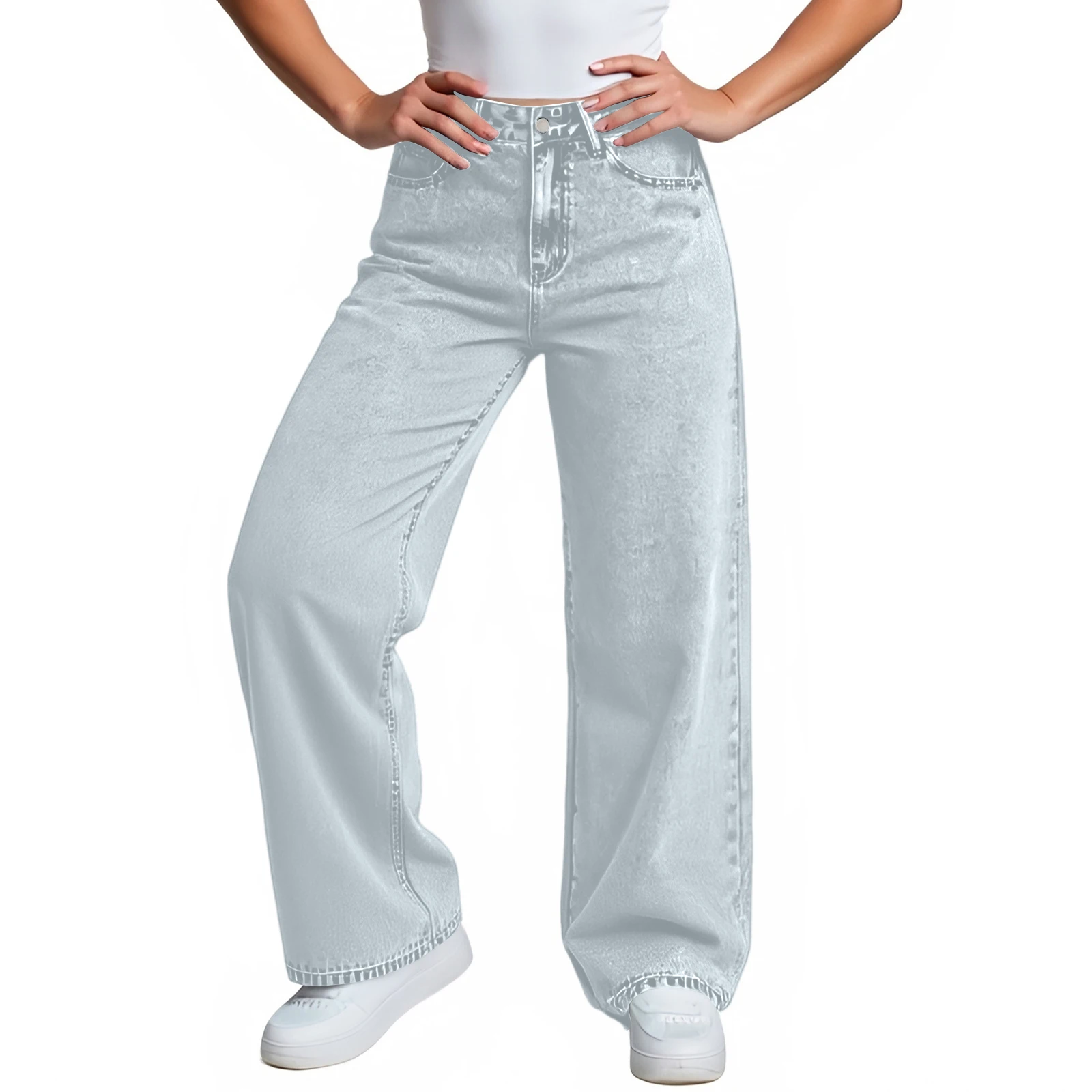 Nowe szerokie jeansy z wysokim stanem, wygodne, modne, z kieszeniami, proste spodnie dżinsowe, modne damskie klasyczne retro spodnie w stylu casual.