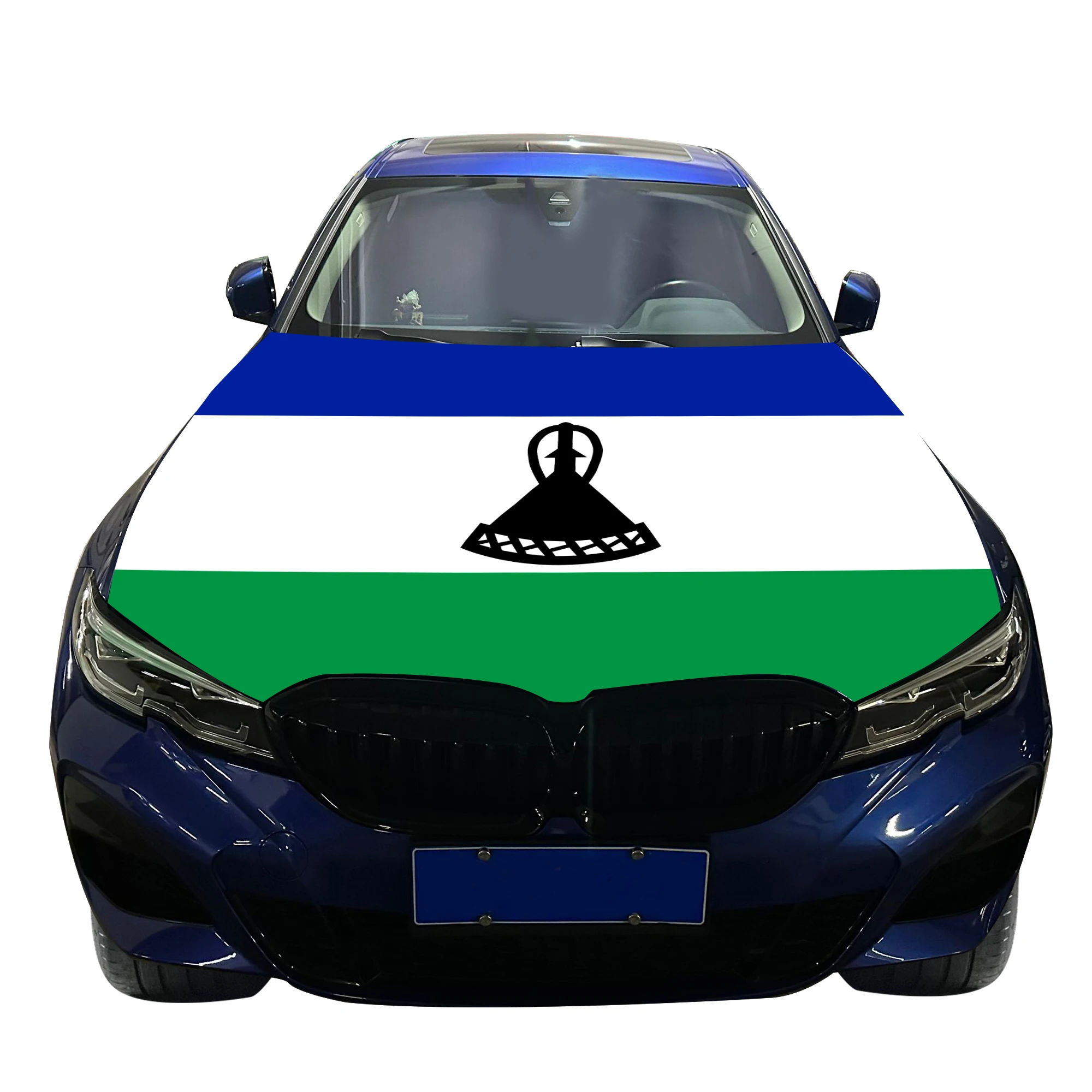 Lesotho Car Hood Cover Flag  Universal Size Elastic Polyester 120x150cm for Car Decor