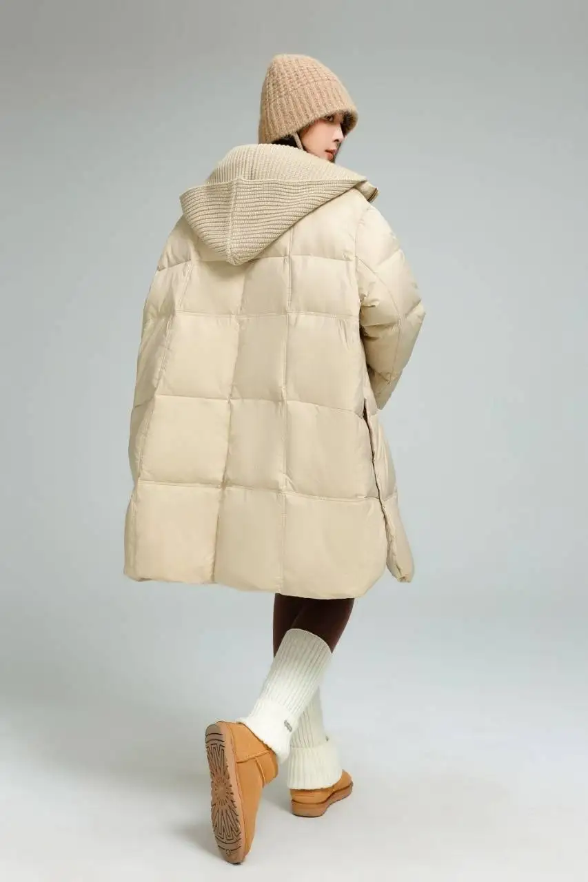 Winter Knitted Hooded Splice Down Jacket Women White Duck Down Double Zipper Outwears Female Warm Mid-length Parker Down Jacket