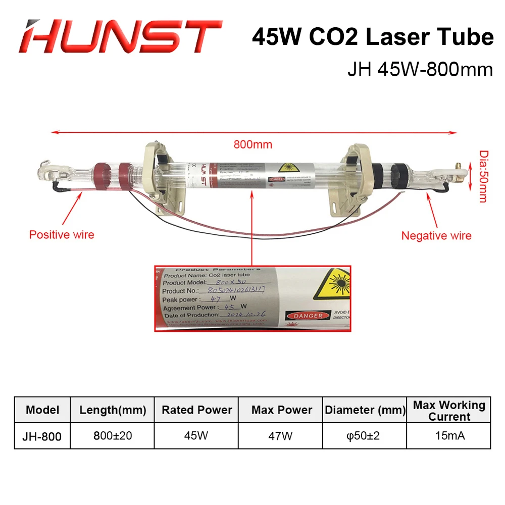 Hunst JH 45W CO2 Laser Tube Diameter 50mm Laser Lamp Length 800mm For Engraving Cutting Machine