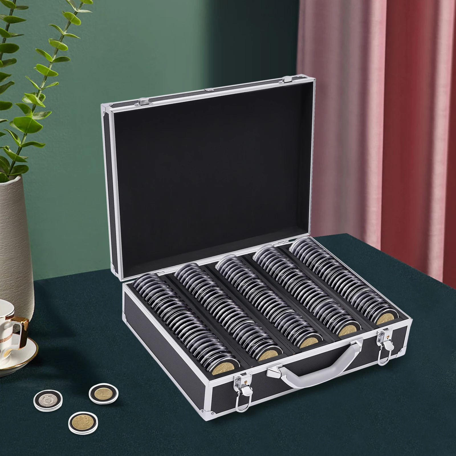 

5 Compartments of 100 Coin Storage Display Box Large Capacity Portable Coin Collection Box Square Box Black 42*32*11.5 cm