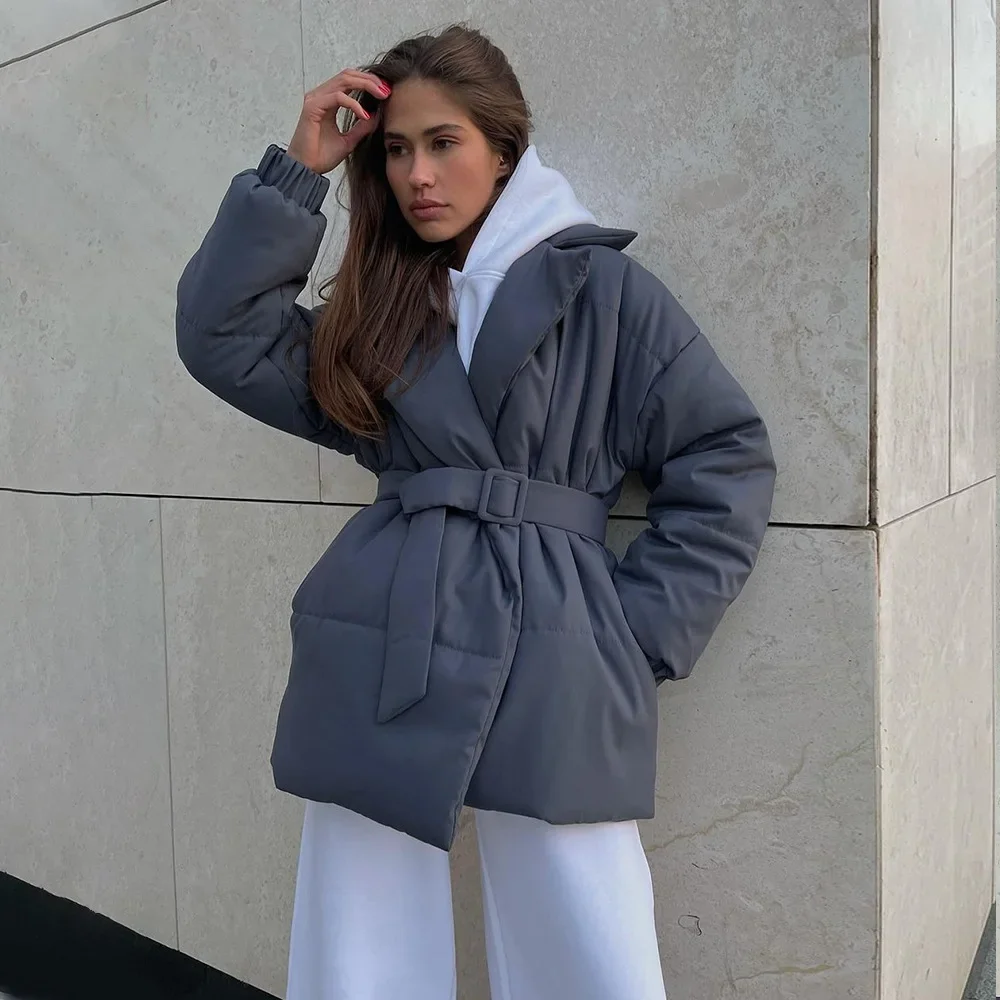 Belt Lapel Parkas Women Winter Thick Short Padded Jacket Loose Pocket Coat Long Sleeves Fashion Streetwear 2024 New in Outerwear