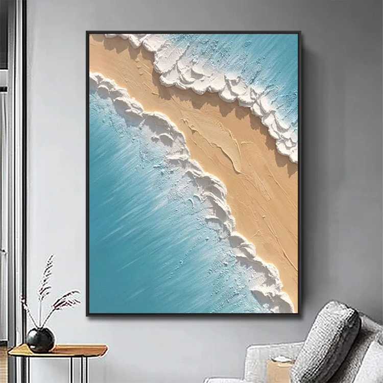 Modern Hand-painted Plaster Canvas Wall Decoration 3D Texture Sea View Living Room Home Decoration