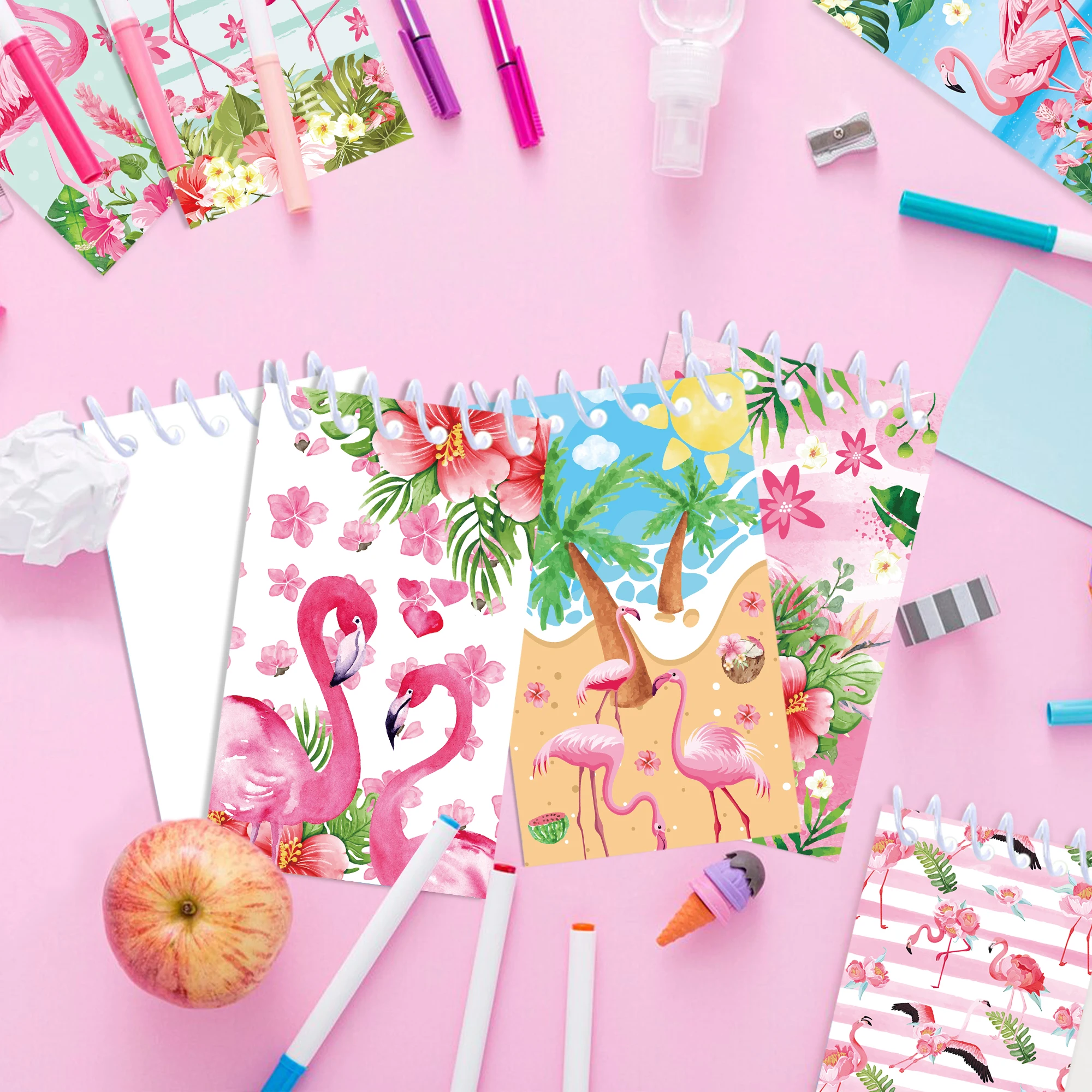 8pcs ฮาวาย Flamingo MINI SPIRAL Pocket Notebooks MeMO Pad COIL หนังสือเล่มเล็ก Notepads สําหรับเครื่องเขียนไดอารี่โรงเรียนปาร์ตี้ฤดูร้อน
