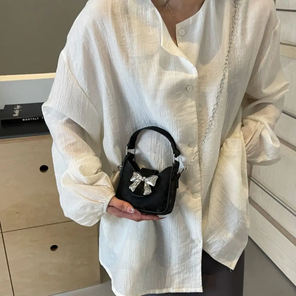 

Simple Pu Leather Bow Buckle PU Bag Mini Handbag Silver Bucket Bag Korean Style Crossbody Bag Women's Shoulder Bag Storage phone