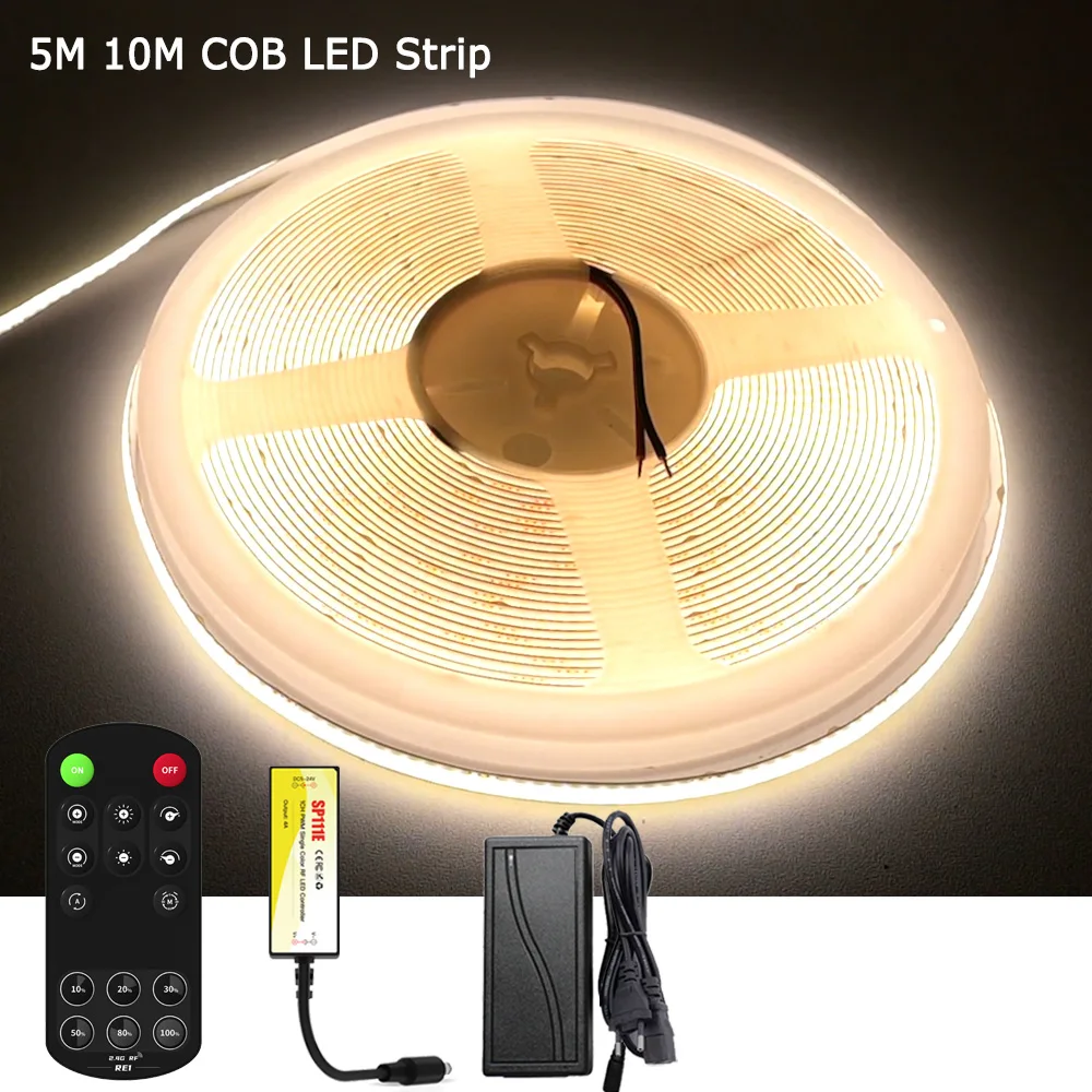 5m 10m RF Remote Control Full Kit 24V COB LED Strip Warm White Natural Dimmable Flexible Room Kitchen Cabinet Lighting No Point