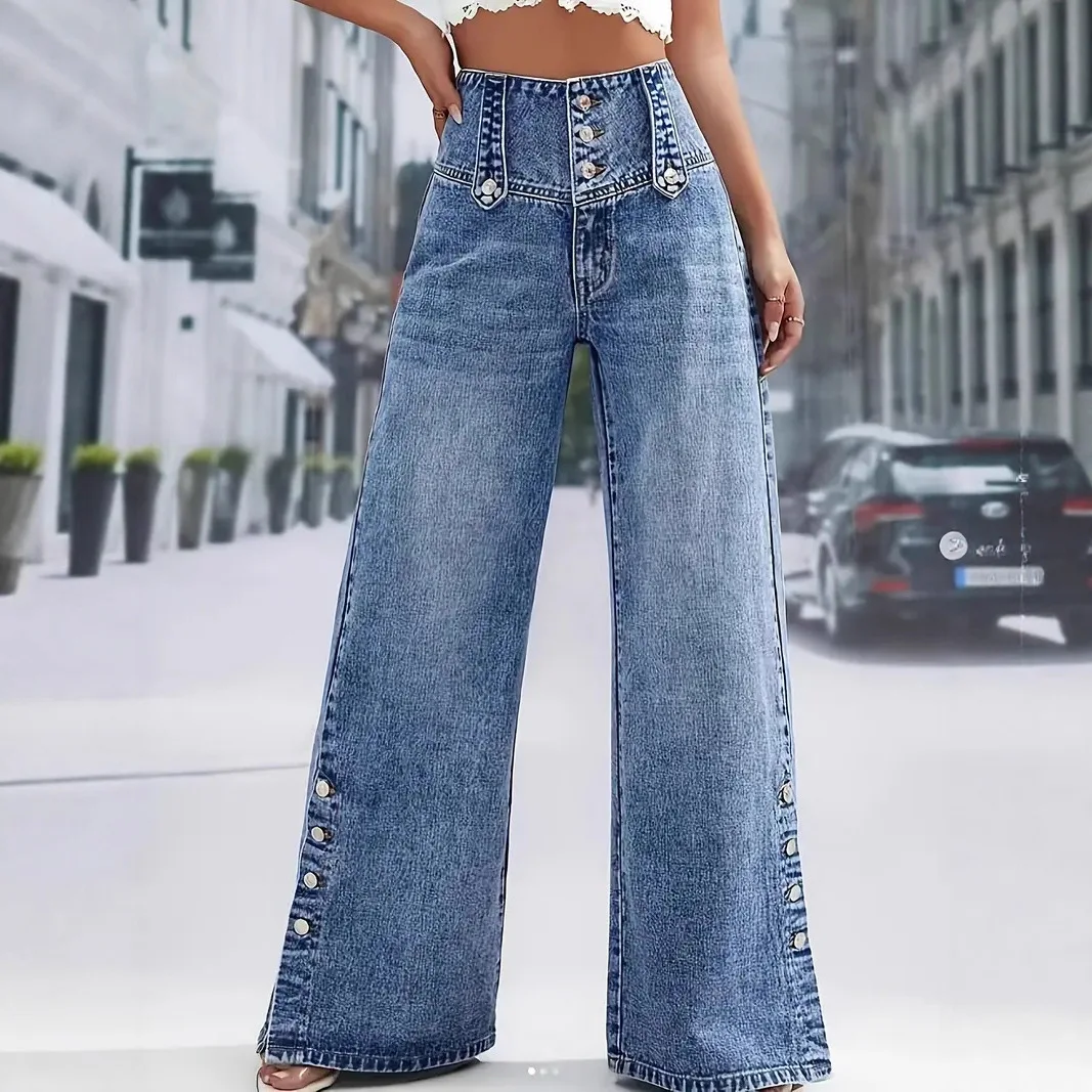 Ladies Vintage Wide Leg Denim Jeans High Waist Decorative Buttons Side Slit Design Loose Casual Women Denim Trousers