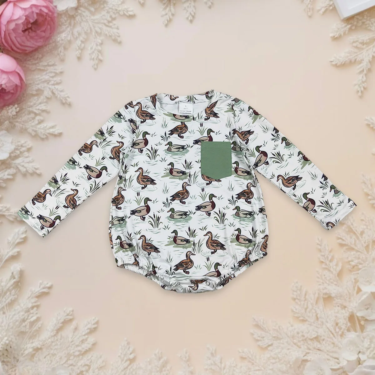 

Newborn Bodysuit Baby Infant Boys Romper Mallard Duck Kids Children Pocket Button Bubble Toddler One-piece Clothes Wholesale